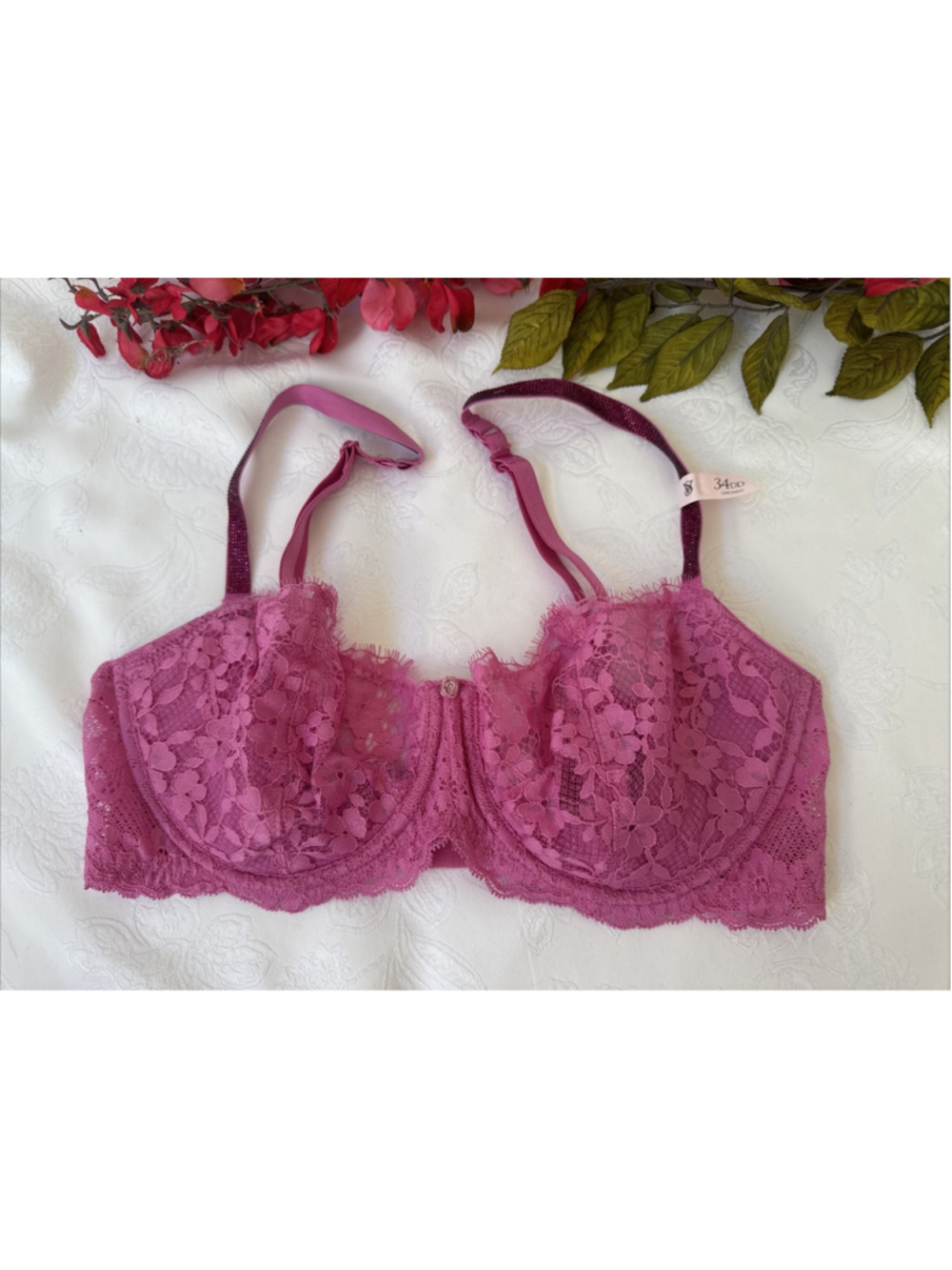 Victoria's Secret Dream Angels Lace Shine Strap Push-Up W/O Padding Bra 34DD NEW